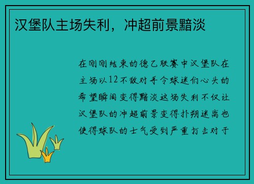 汉堡队主场失利，冲超前景黯淡